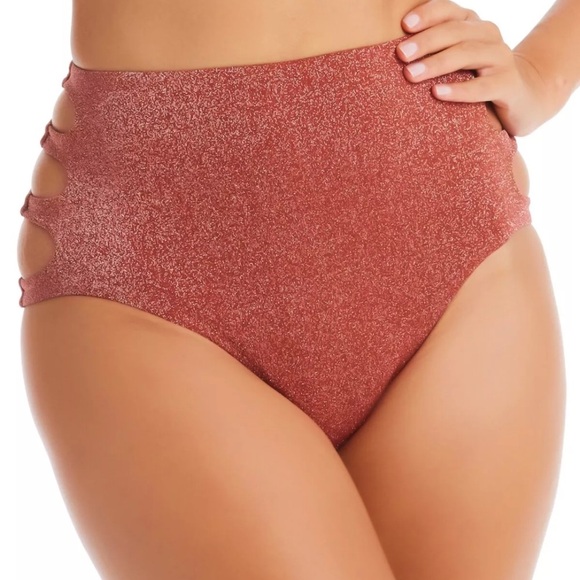 Bar III Shimmer Core Sparkly Brown Hip Slash Cutout High-Waisted Bikini Bottoms - Picture 2 of 15